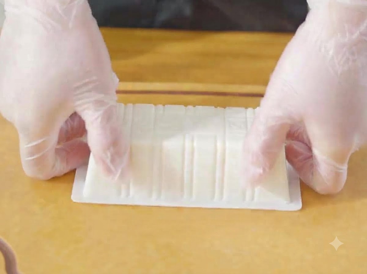 Un par de manos con guantes sacando un bloque de tofu sedoso blanco de su recipiente de plástico a una tabla de madera.