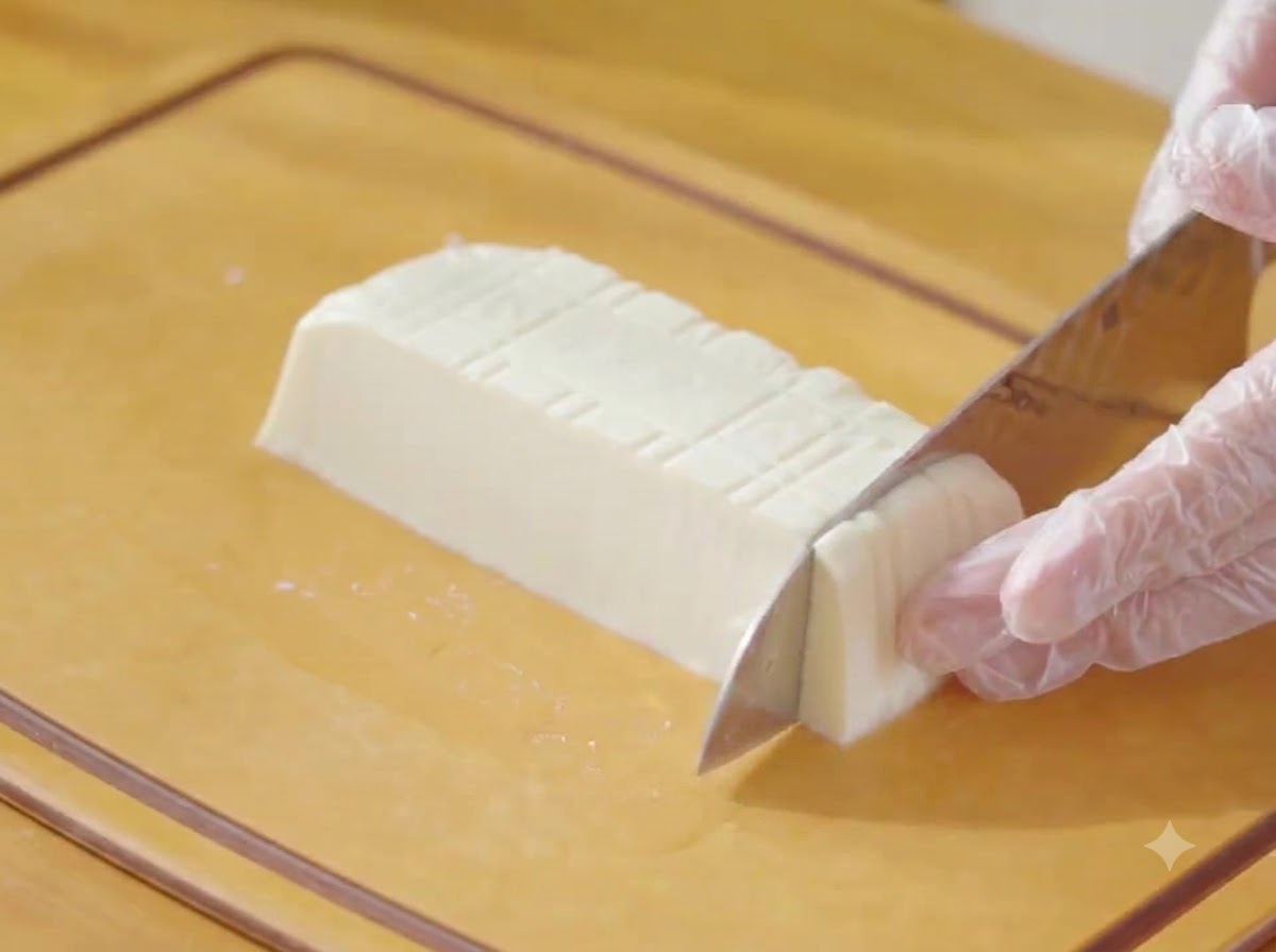 Un cuchillo cortando a través de un bloque de tofu sedoso blanco en una tabla de cortar de madera.