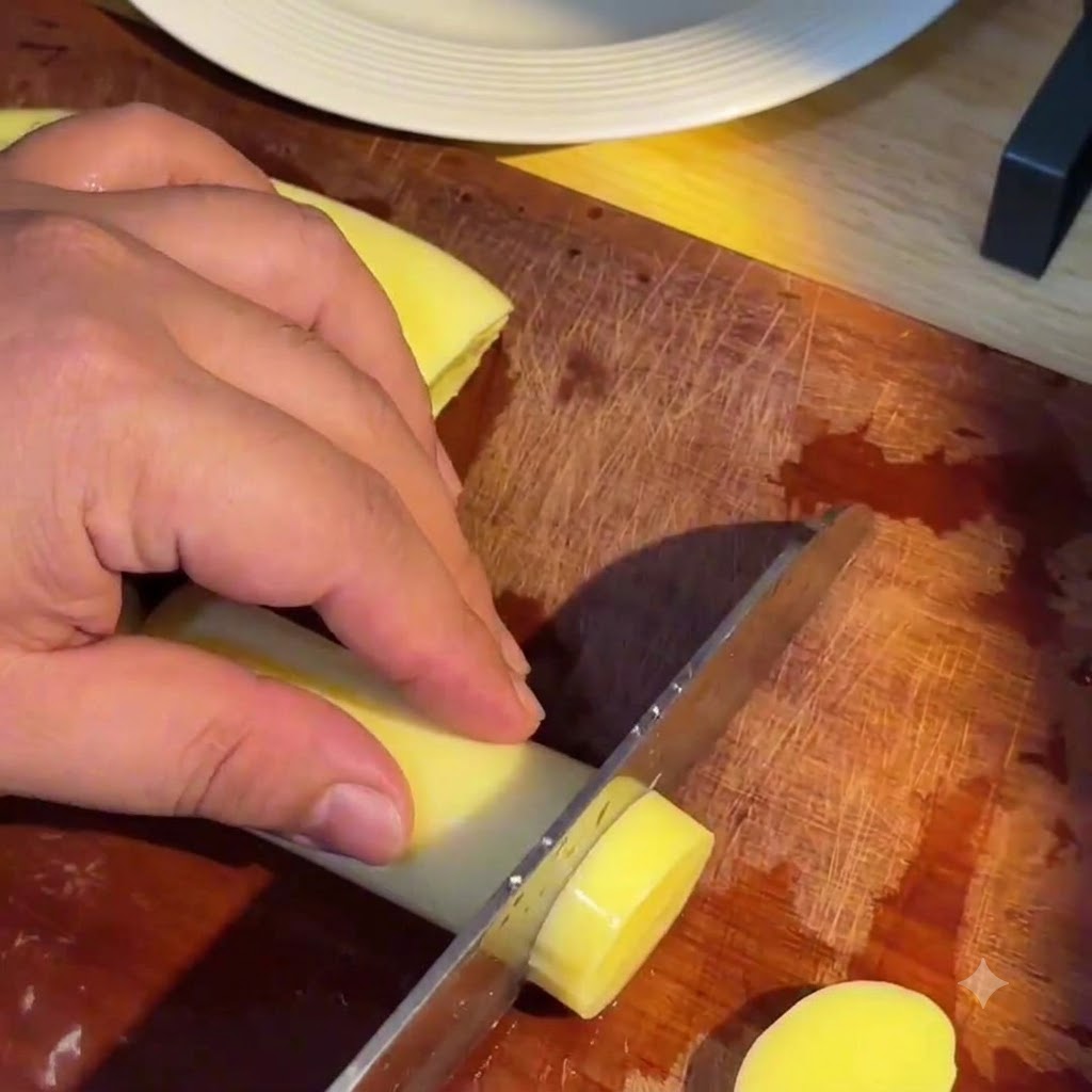 Una mano sosteniendo un cuchillo cortando un cilindro de tofu japonés amarillo en trozos redondos y uniformes sobre una tabla de cortar de madera.