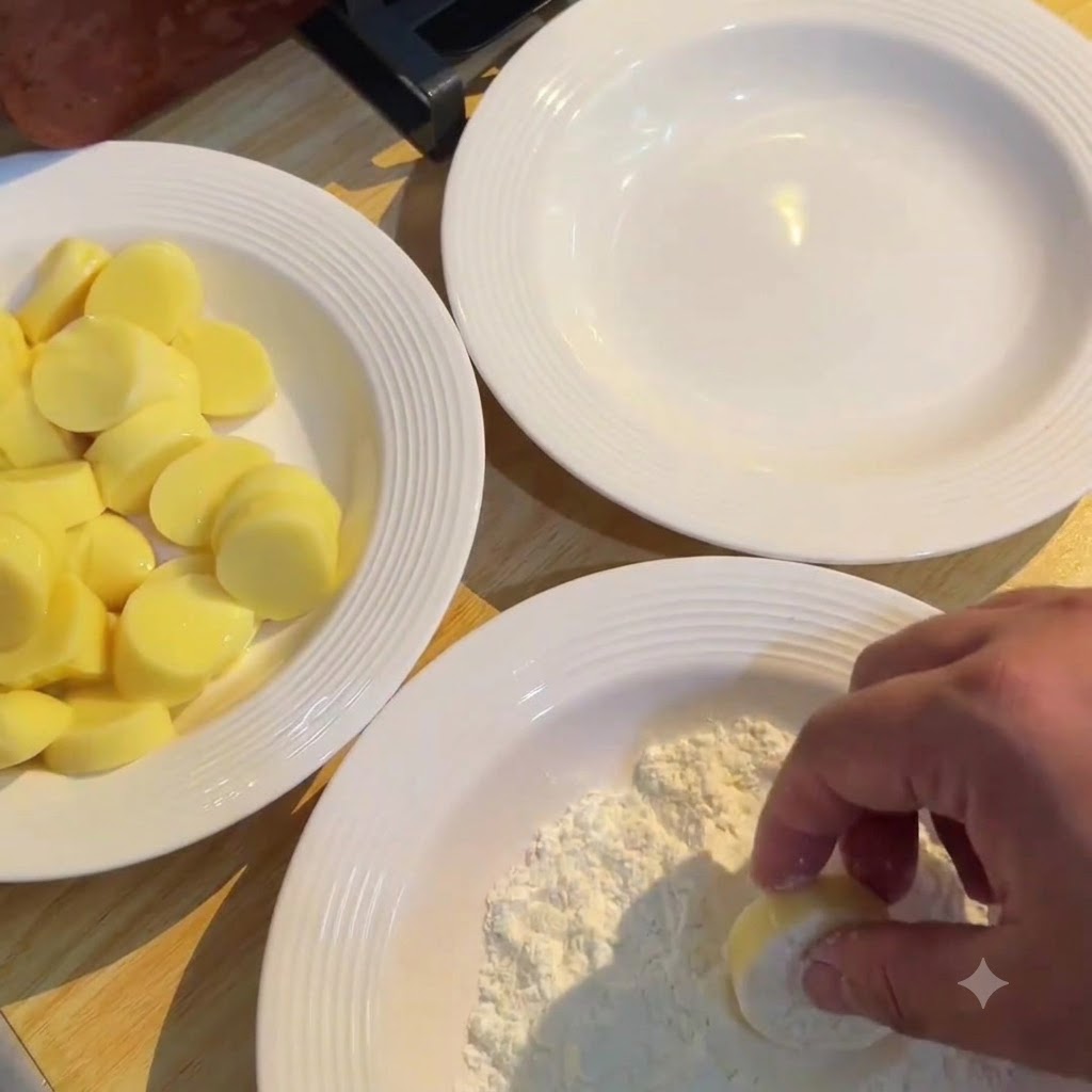 Una mano presionando suavemente una rodaja de tofu japonés amarillo en un plato blanco lleno de maicena seca.