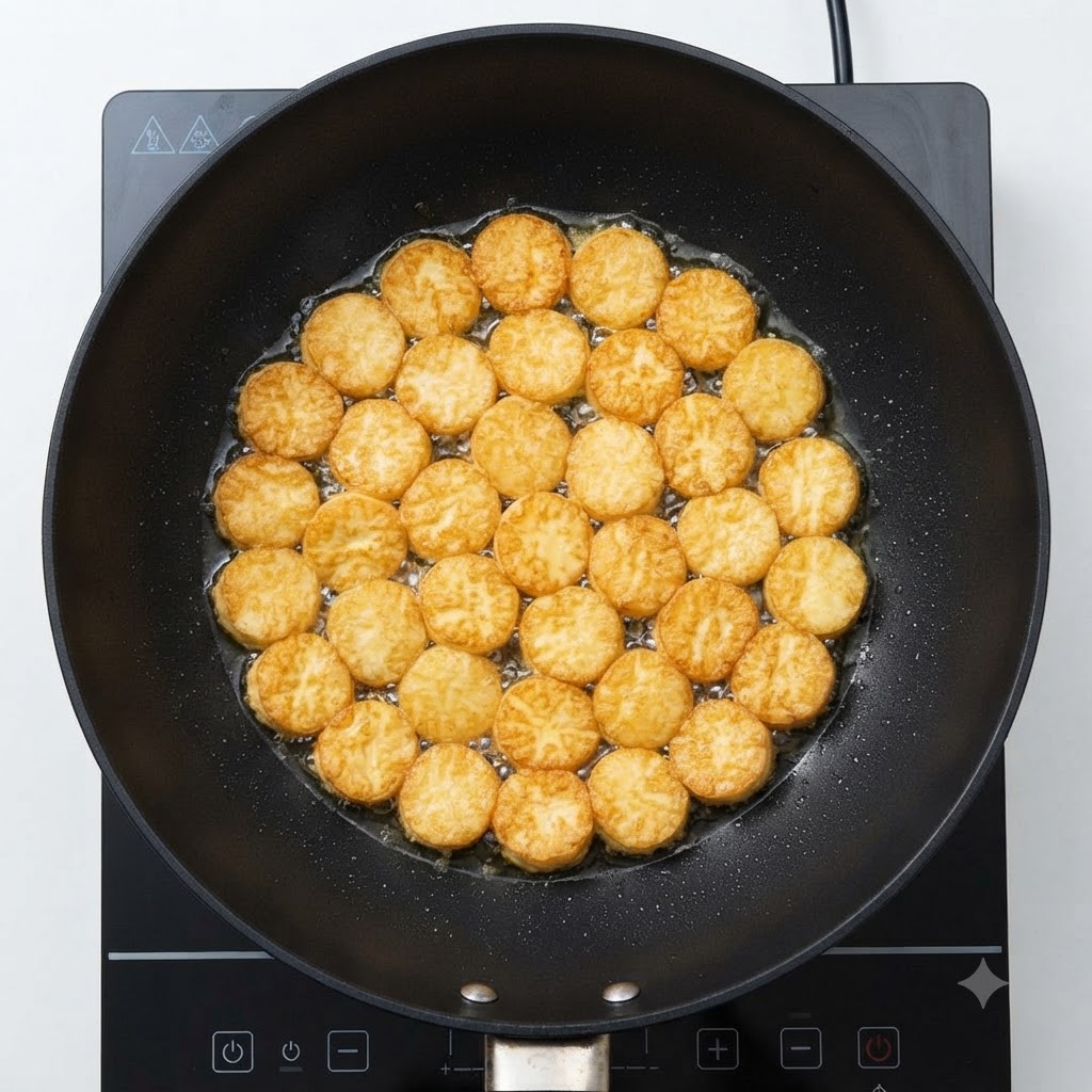 Muchos trozos de tofu fritos de color marrón dorado chisporroteando de manera uniforme en un wok negro sobre un elemento calefactor.