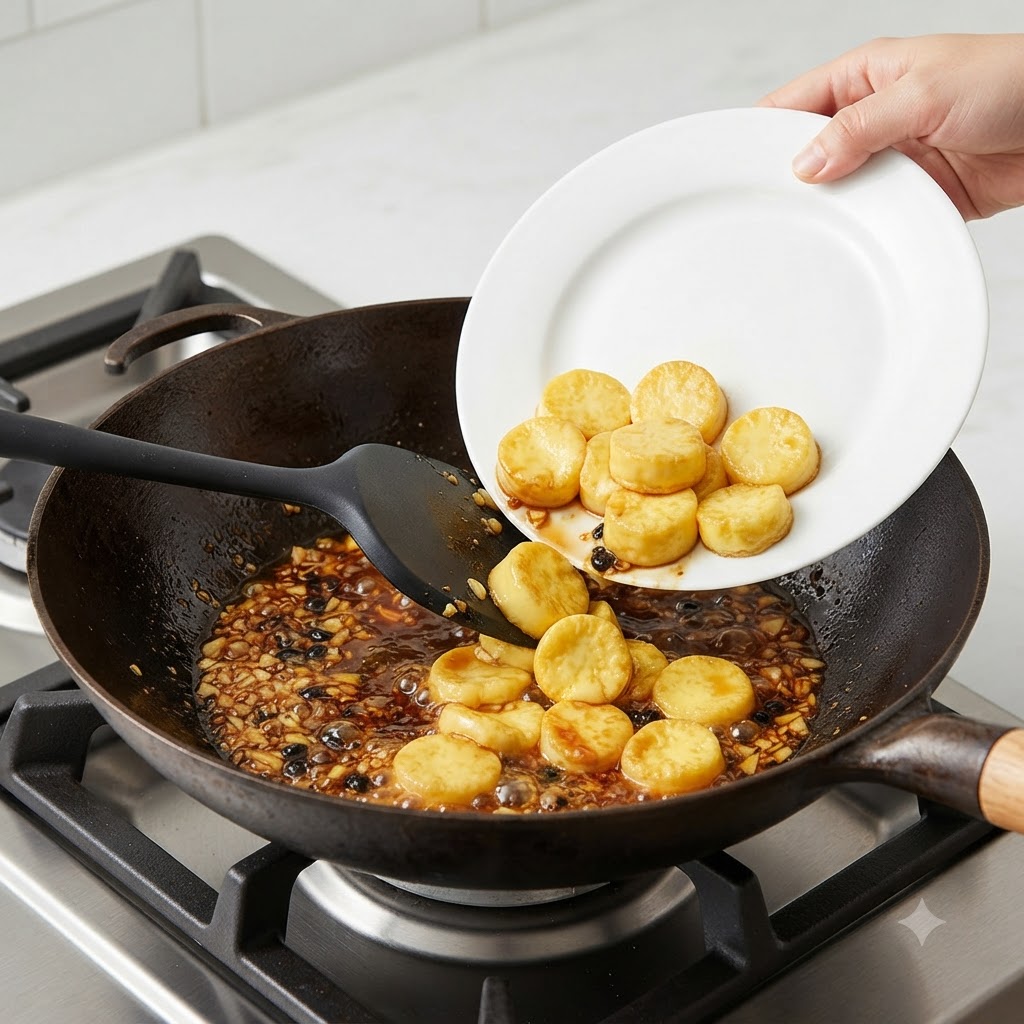 Trozos de tofu dorado prefritos siendo transferidos desde un plato blanco a una mezcla de salsa burbujeante dentro de un wok oscuro.