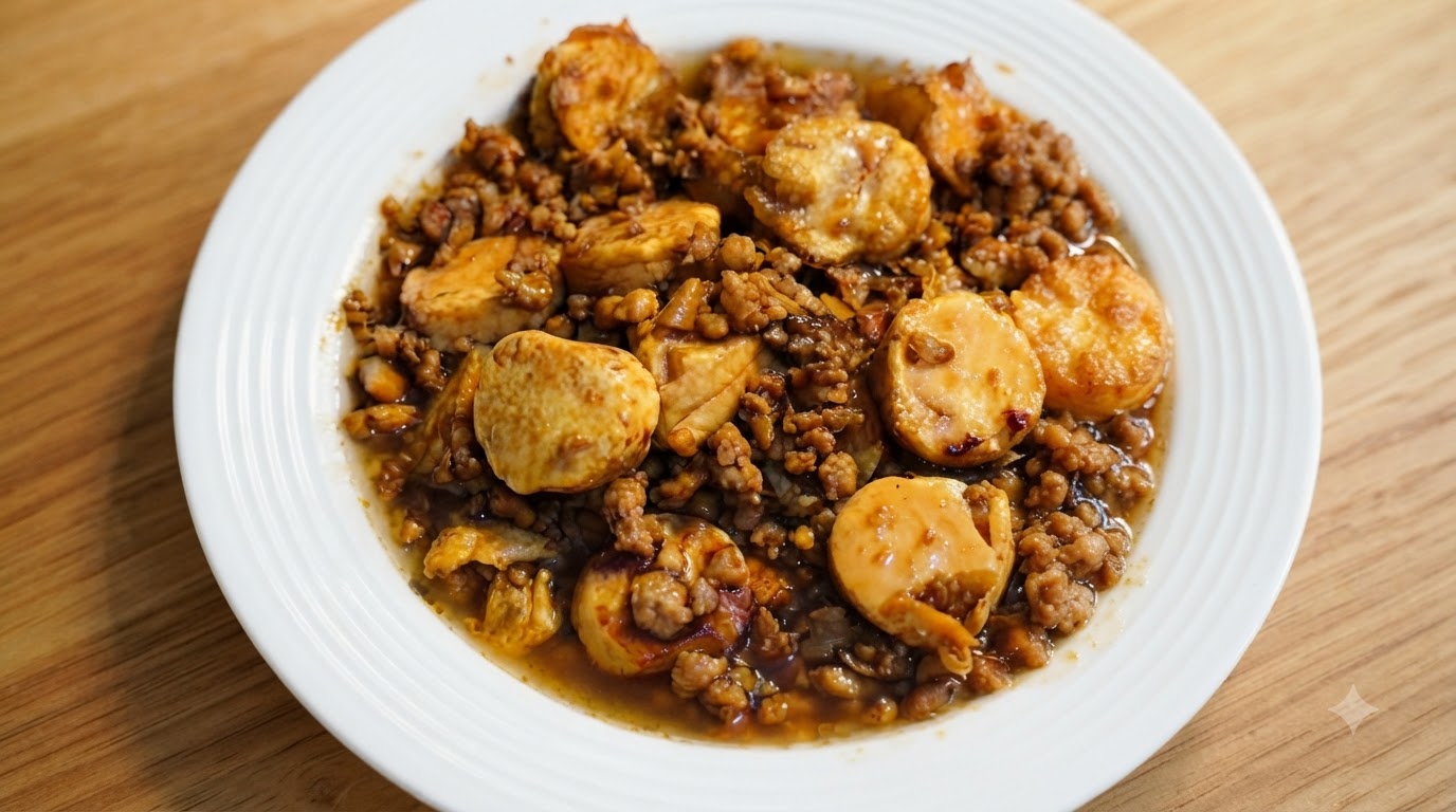 Un plato blanco lleno de trozos de tofu japonés frito y dorado, cocinado a fuego lento en una salsa rica y brillante con carne picada.