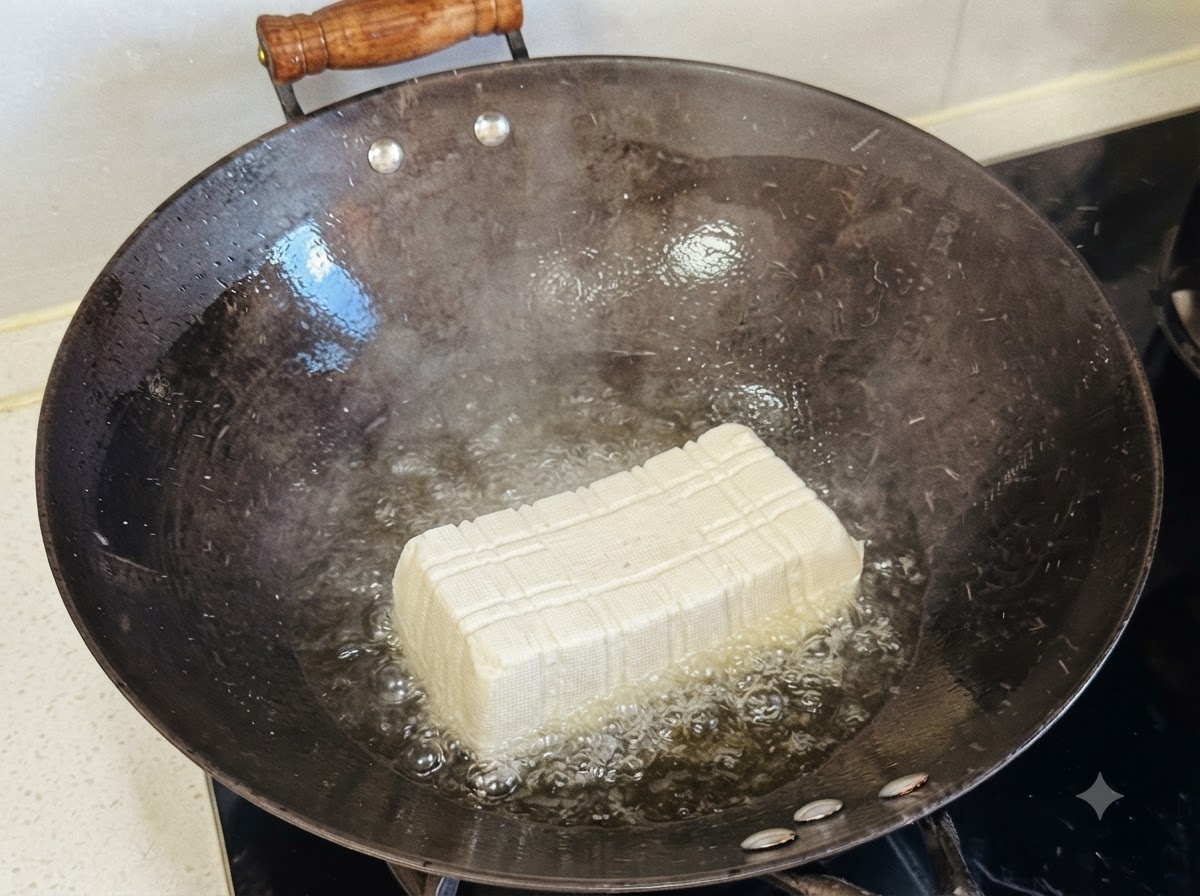 Un bloque rectangular entero de tofu suave sentado en un wok negro caliente con aceite.
