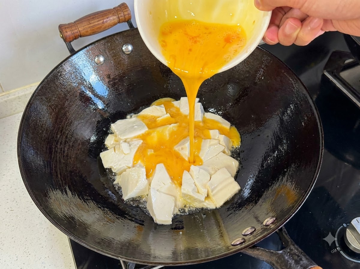 Líquido de huevo batido dorado vertiéndose desde un tazón en el wok rodeando los trozos de tofu.