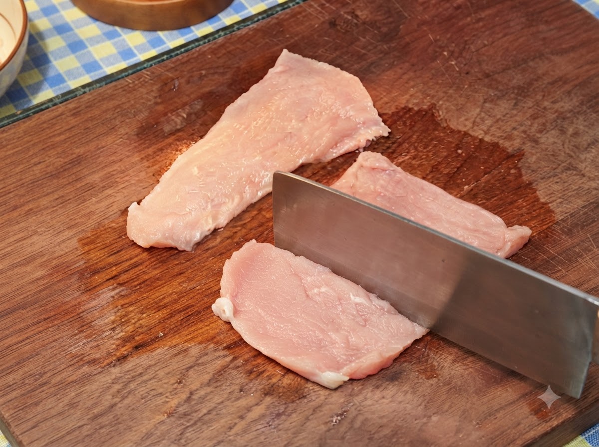 Chuletas de cerdo siendo aplastadas y ablandadas con la parte posterior de un cuchillo de cocina grande sobre una tabla de madera.