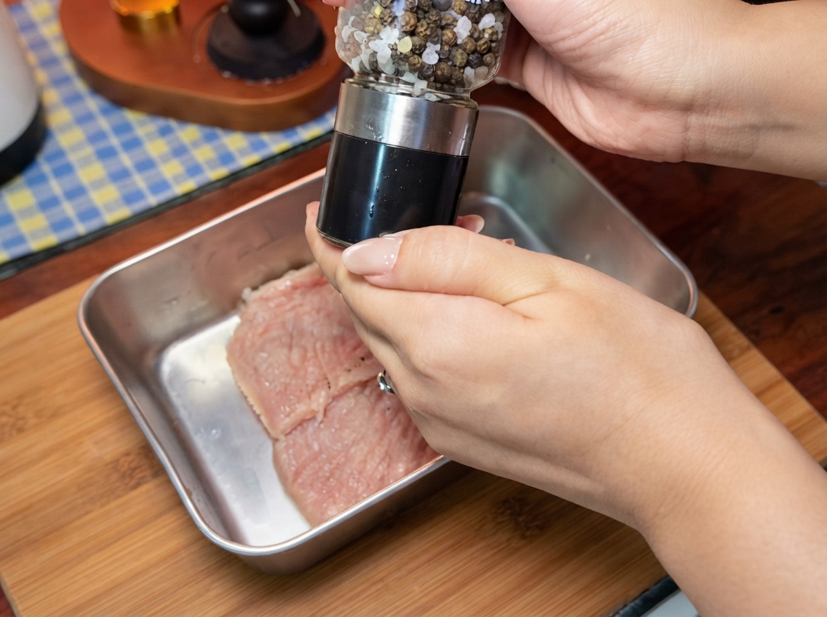 Manos usando un molinillo de pimienta sobre chuletas de cerdo crudas en una bandeja de acero inoxidable.