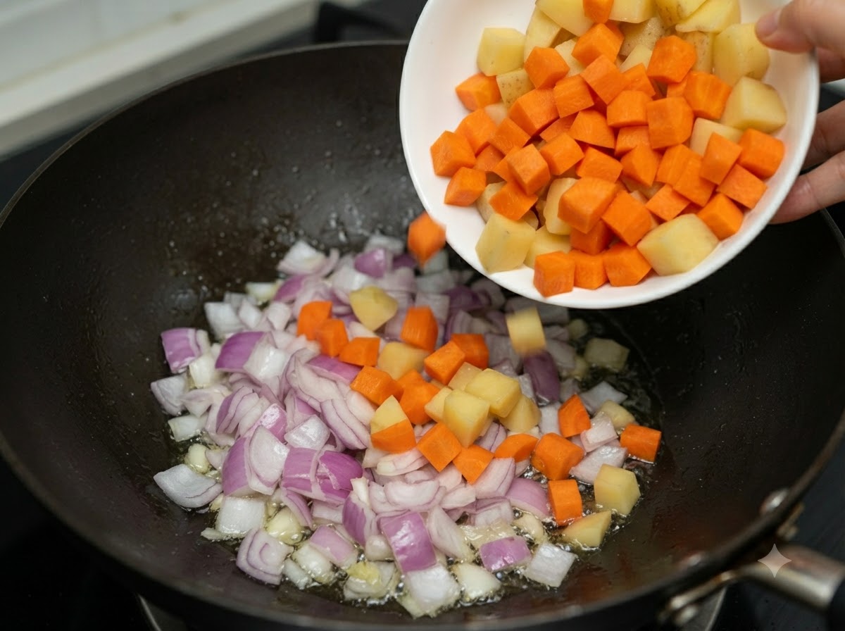 Zanahorias y patatas en dados cayendo desde un plato blanco al wok con cebolla.