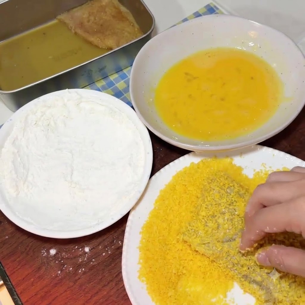 Una chuleta recubierta de huevo siendo presionada firmemente en un plato de pan rallado panko amarillo brillante.