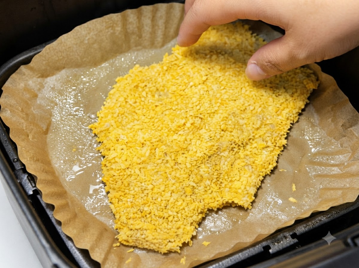 Una chuleta de cerdo totalmente empanada siendo depositada sobre papel de horno rociado con aceite dentro de la cesta de una freidora de aire.