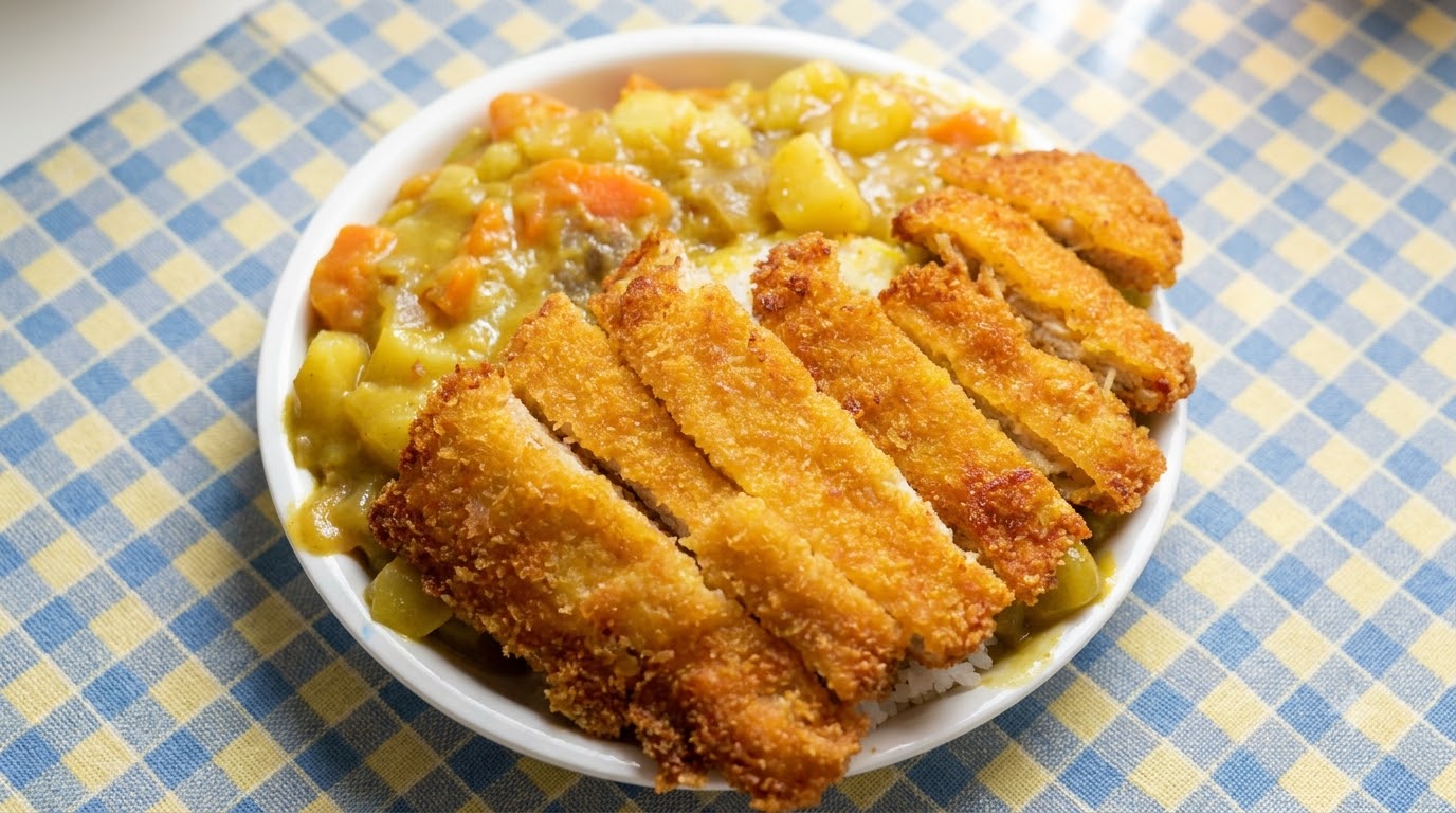 Un plato de arroz con cerdo al curry japonés, con chuletas doradas cortadas en tiras y un sabroso curry de verduras sobre arroz blanco