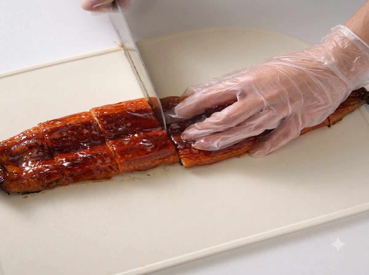 Un primer plano de una anguila asada cortada en porciones uniformes sobre una tabla de cortar blanca.