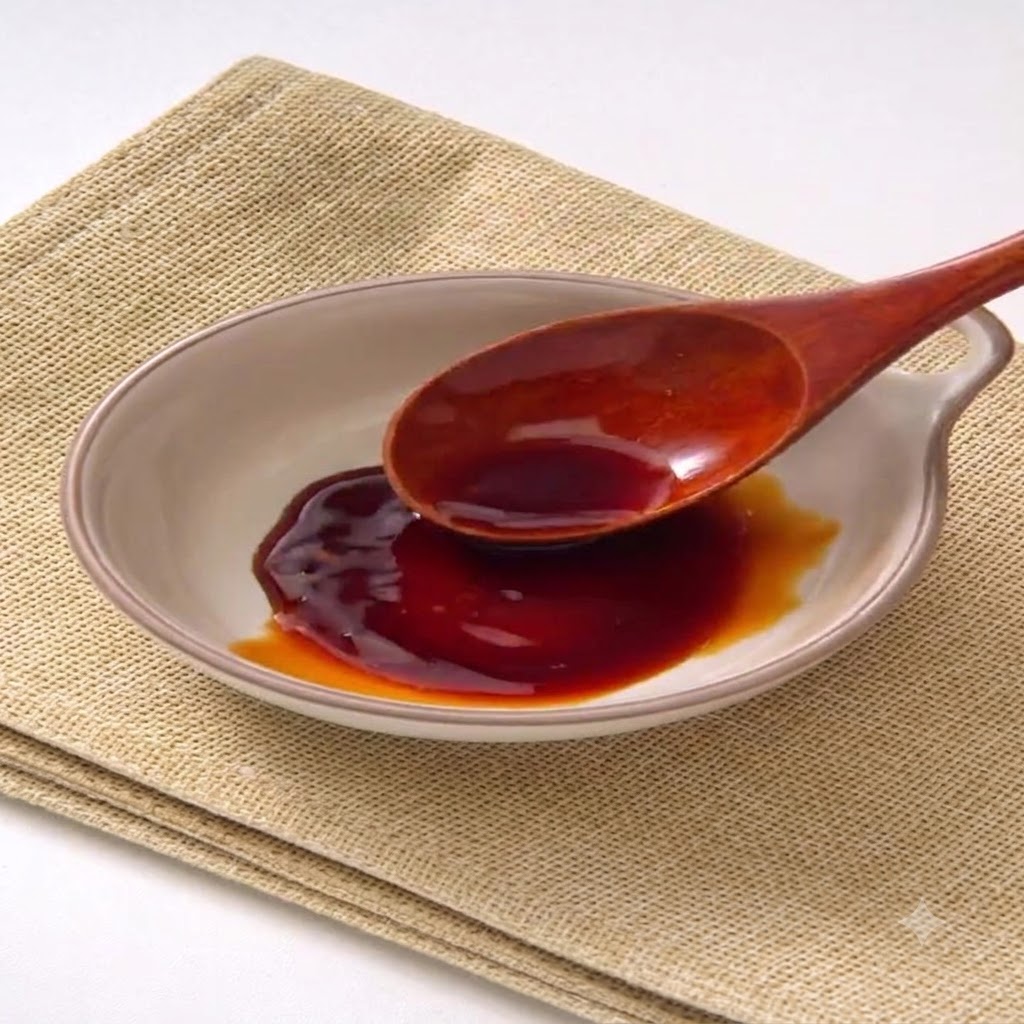Un pequeño cuenco de cerámica que contiene una mezcla de salsas de soja oscura y clara junto a una cuchara de madera.