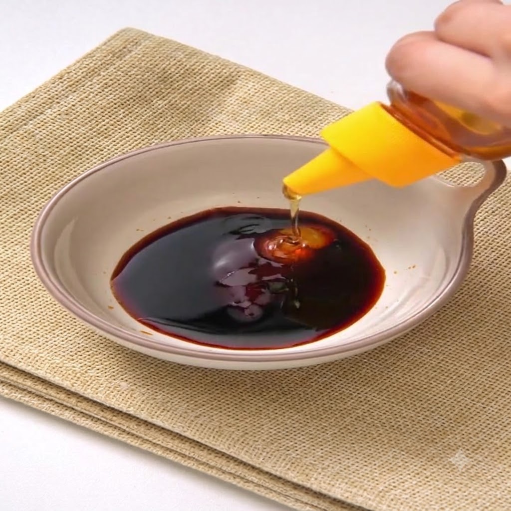 Miel saliendo de una botella con tapa amarilla hacia la mezcla de salsa oscura dentro de un cuenco de cerámica.