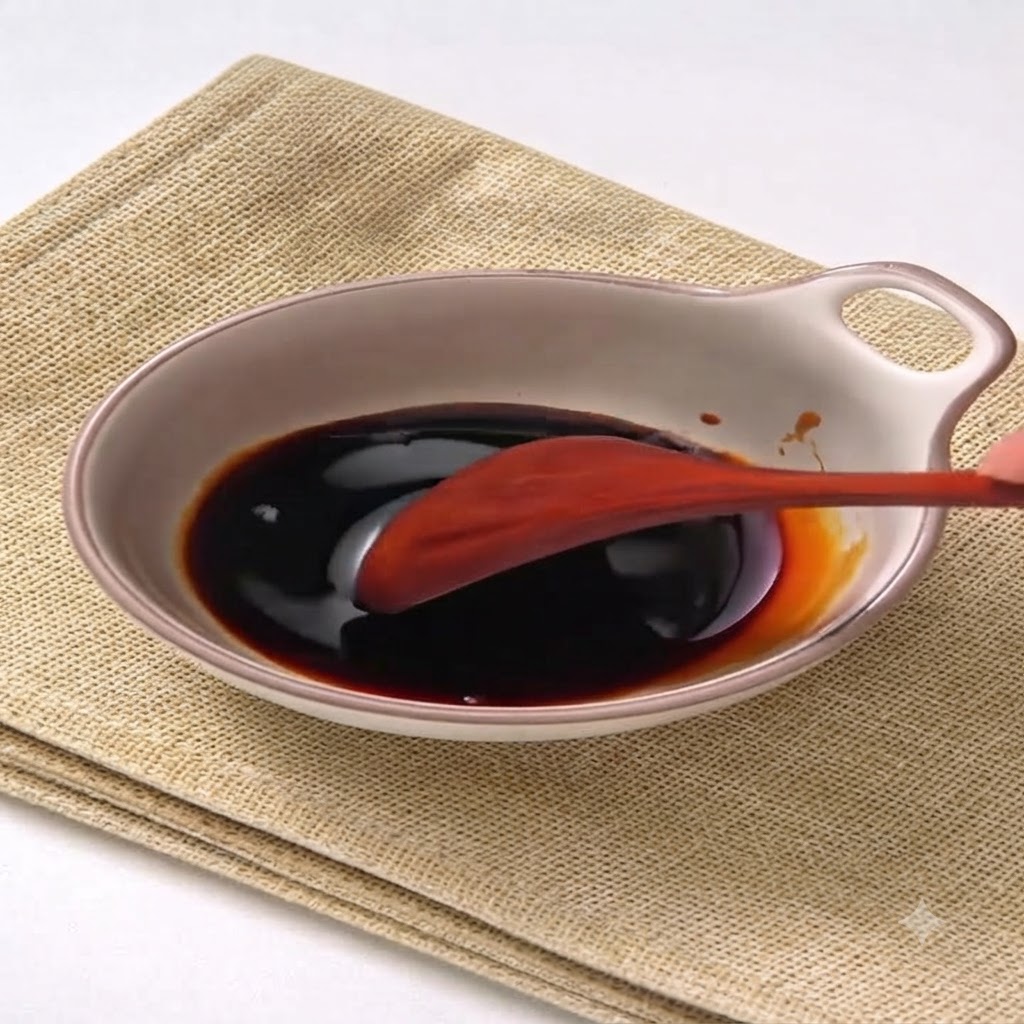 Una cuchara de madera mezclando los ingredientes de la salsa oscura dentro de un cuenco poco profundo sobre una esterilla texturizada.