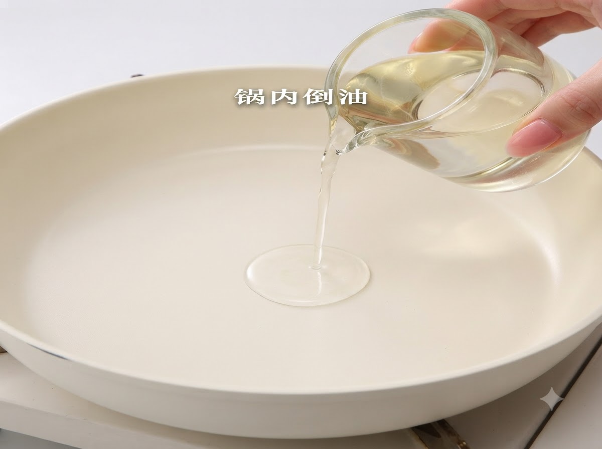 Aceite de cocina siendo vertido desde una pequeña jarra de cristal transparente hacia el centro de una sartén blanca limpia.