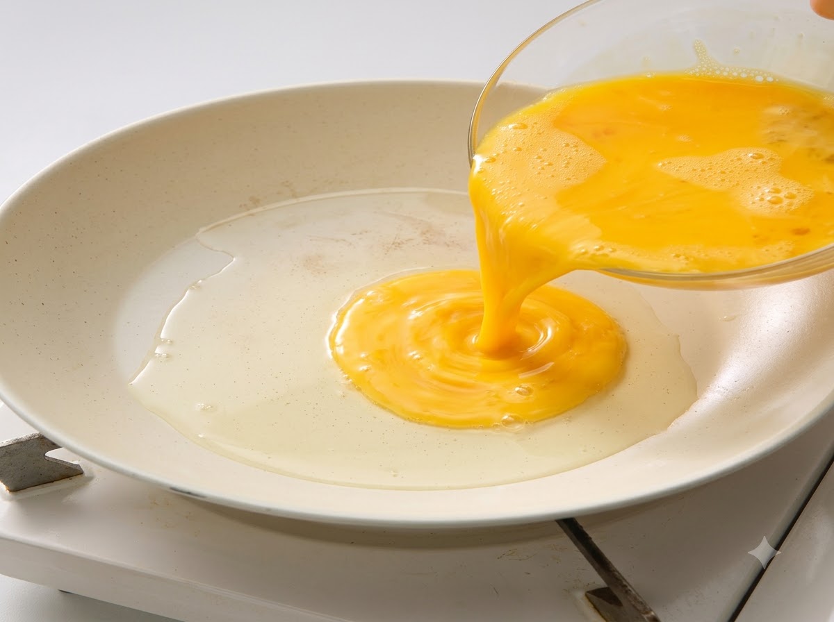 Huevos amarillos batidos siendo vertidos desde un cuenco de cristal a una sartén blanca caliente con aceite.