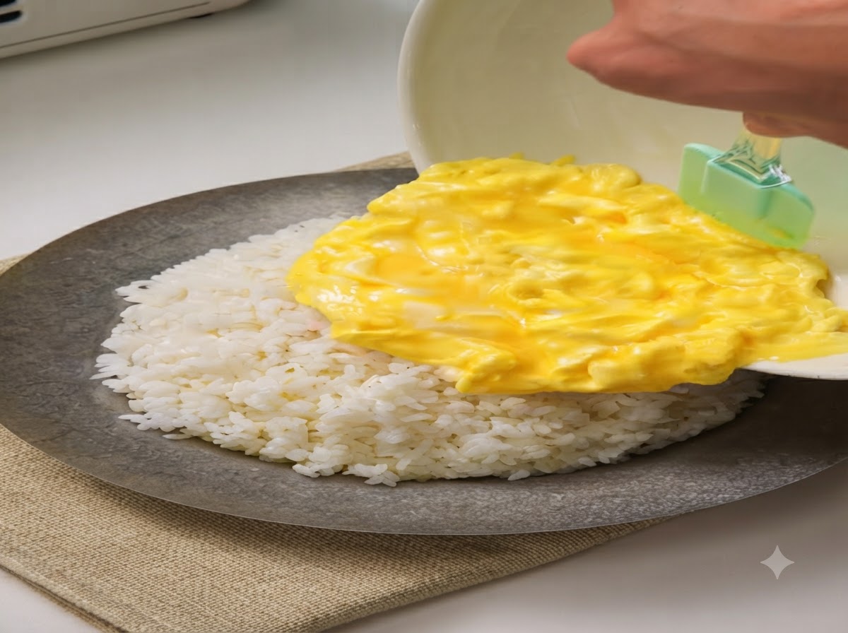 Huevos revueltos suaves deslizándose desde un cuenco blanco hacia una gran bandeja de arroz blanco al vapor.