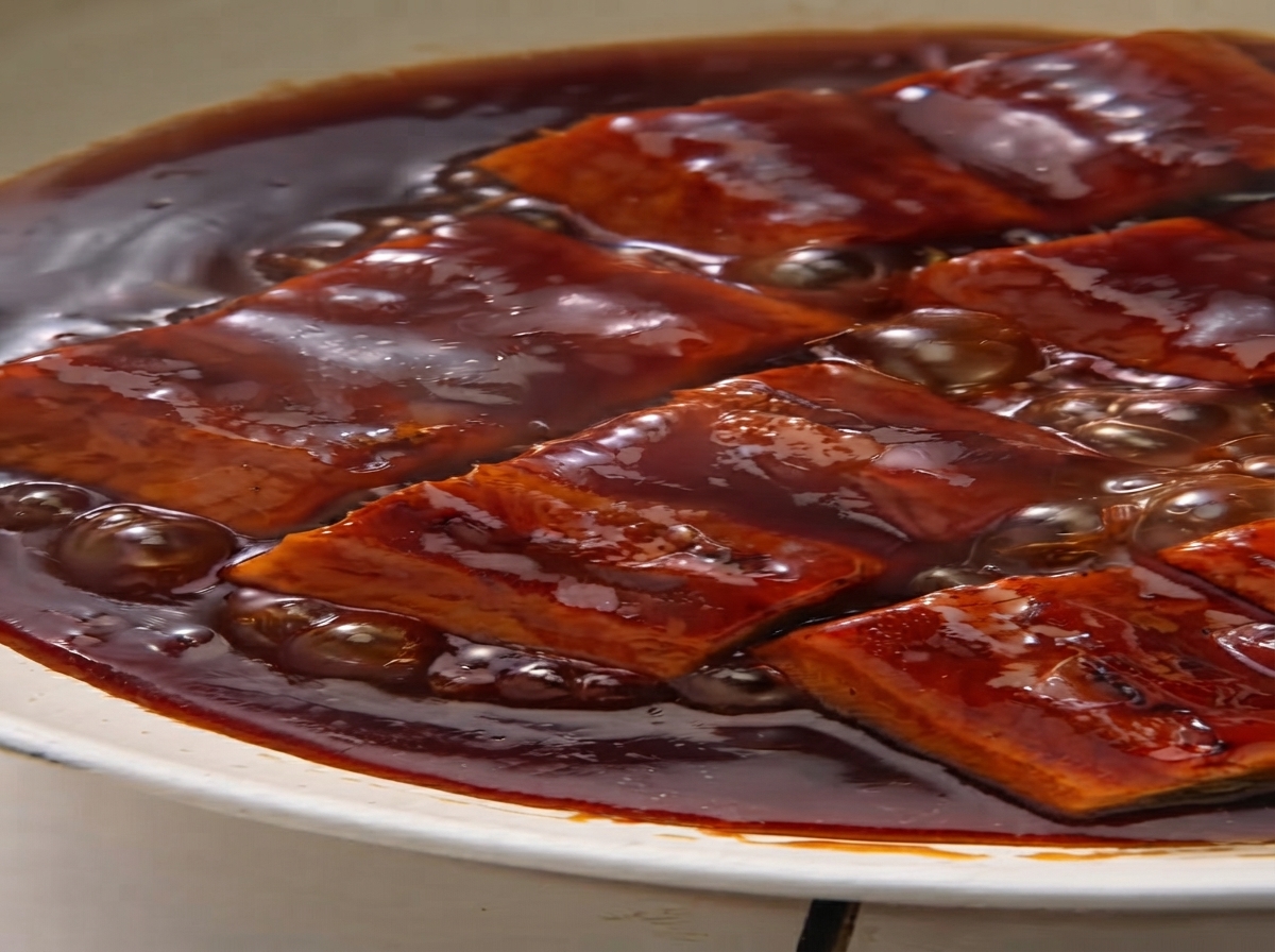 Trozos de anguila cociéndose a fuego lento en una salsa marrón espesa y burbujeante dentro de una sartén.