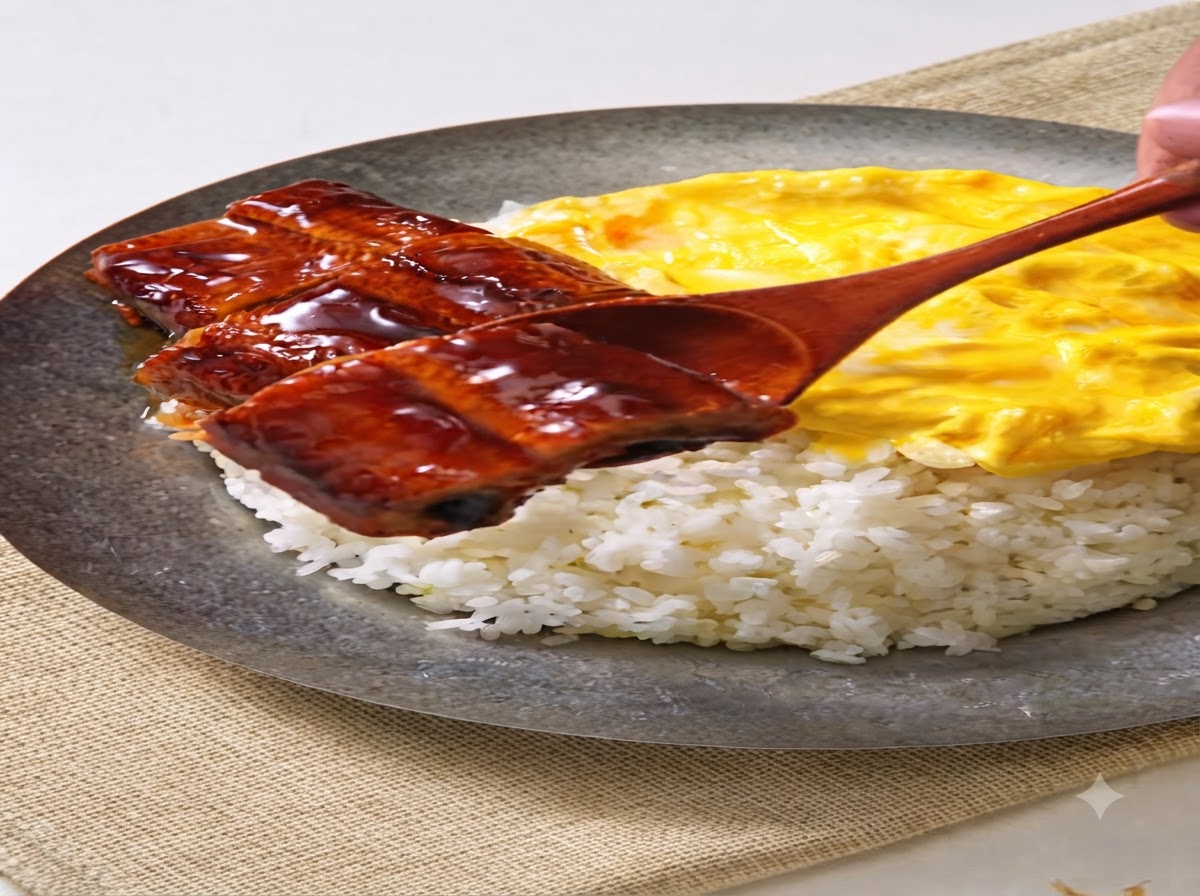 Una cuchara de madera levantando un trozo de anguila glaseada sobre un plato de arroz y huevos revueltos.