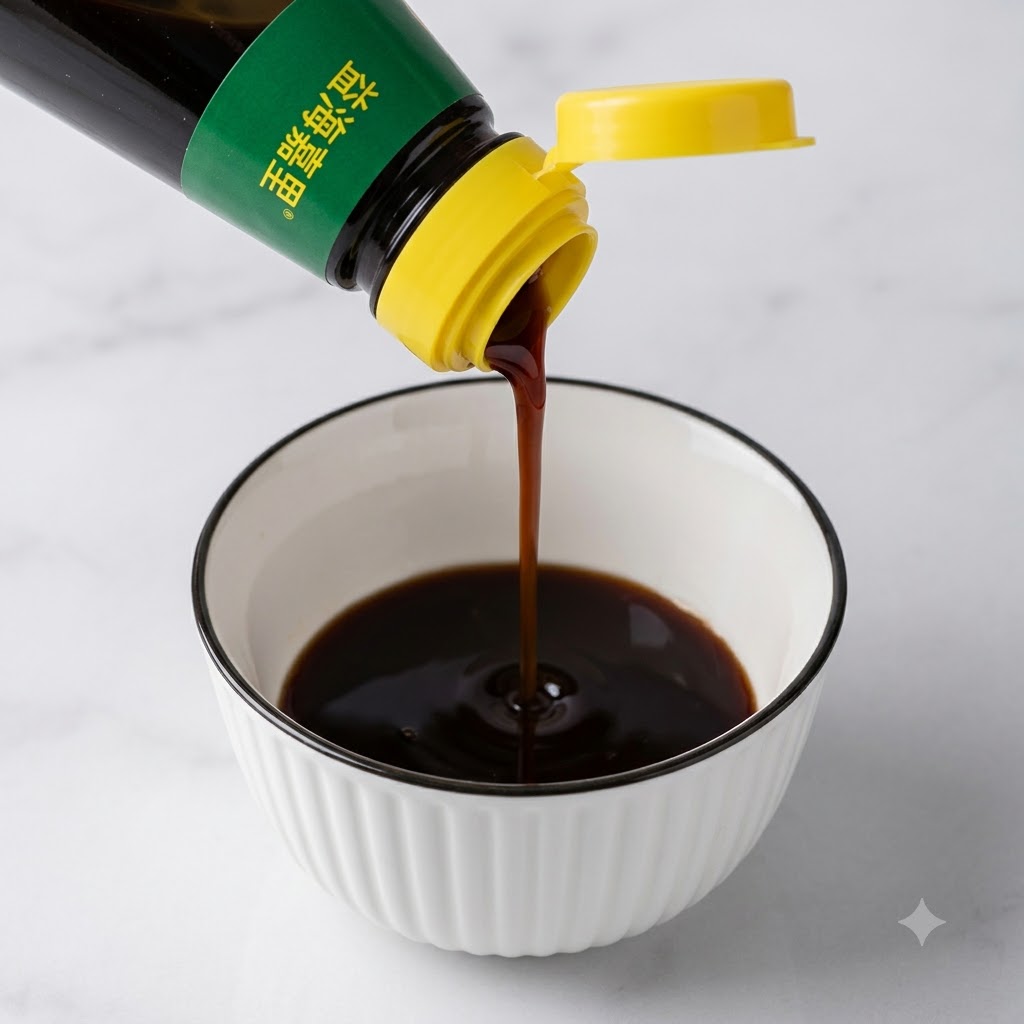 Salsa oscura siendo vertida desde una botella en un pequeño tazón blanco para crear una mezcla de condimentos salados.