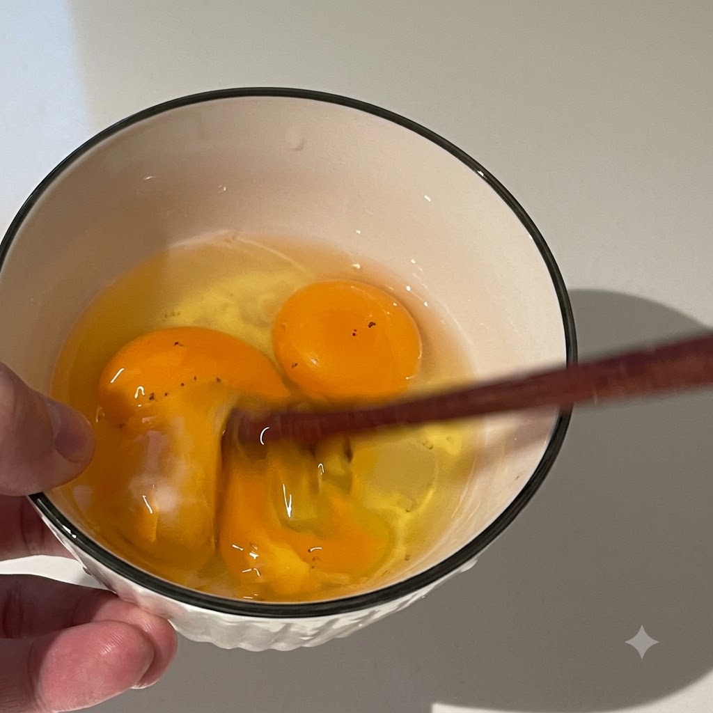 Palillos batiendo huevos crudos dentro de un tazón blanco.