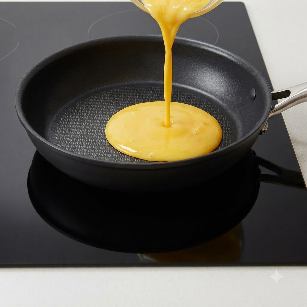 Huevos batidos siendo vertidos desde un recipiente pequeño hacia el centro de una sartén negra caliente.