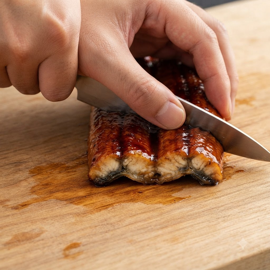 Anguila preasada siendo cortada en bloques rectangulares sobre una tabla de cortar de madera con un cuchillo.