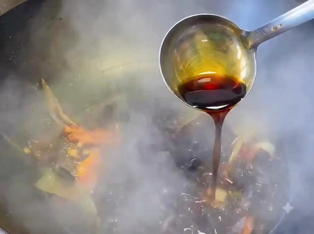 Salsa de soja clara y azúcar siendo añadidas a la base de la salsa en un wok.