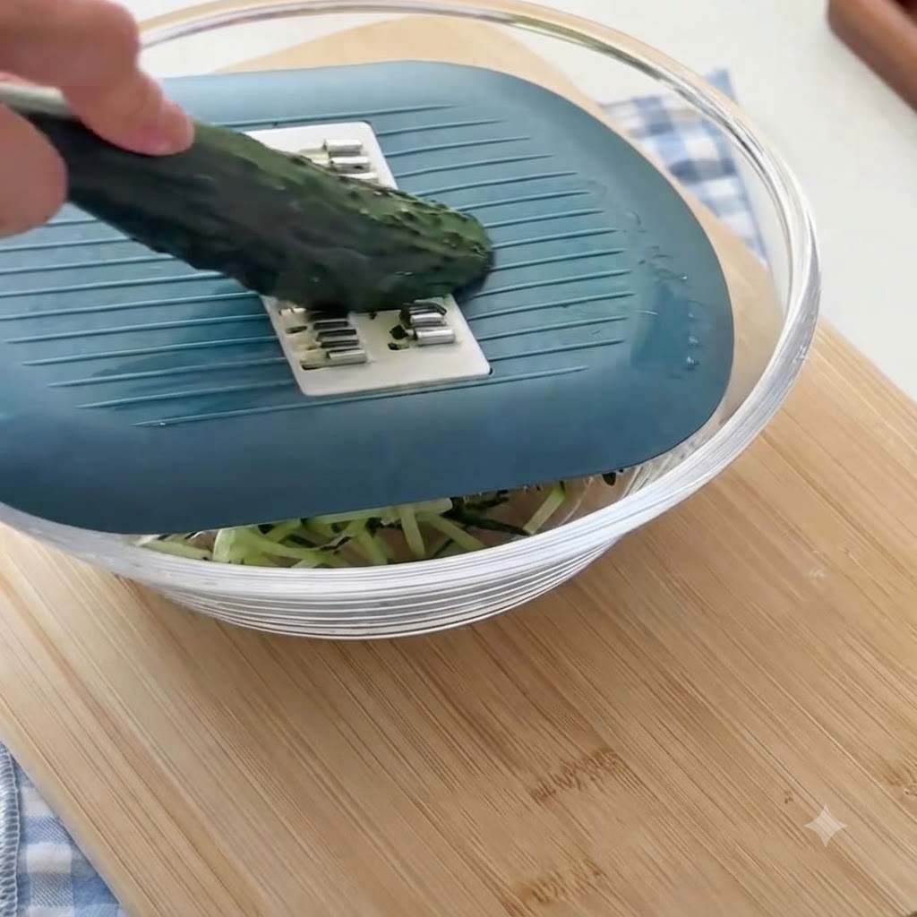 Un pepino fresco siendo rallado en trozos finos utilizando un rallador de mano colocado sobre un bol de cristal.