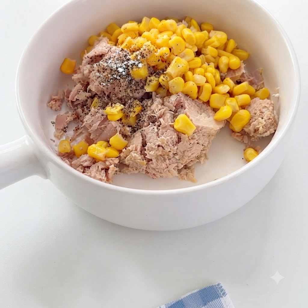 Aderezo para ensalada siendo mezclado en el bol de atún y maíz con una cuchara.