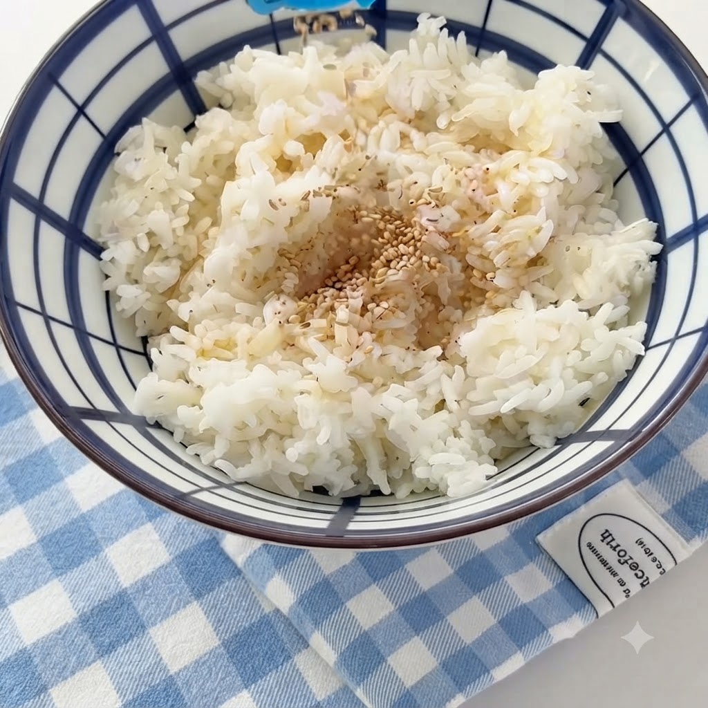 Semillas de sésamo blanco siendo espolvoreadas sobre el bol de arroz que contiene aceite de sésamo.
