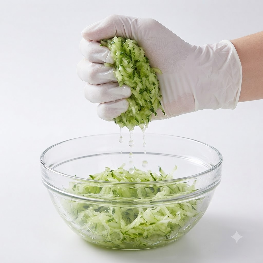 Manos con guantes exprimiendo firmemente el agua de un puñado de pepino verde rallado sobre un bol de cristal.