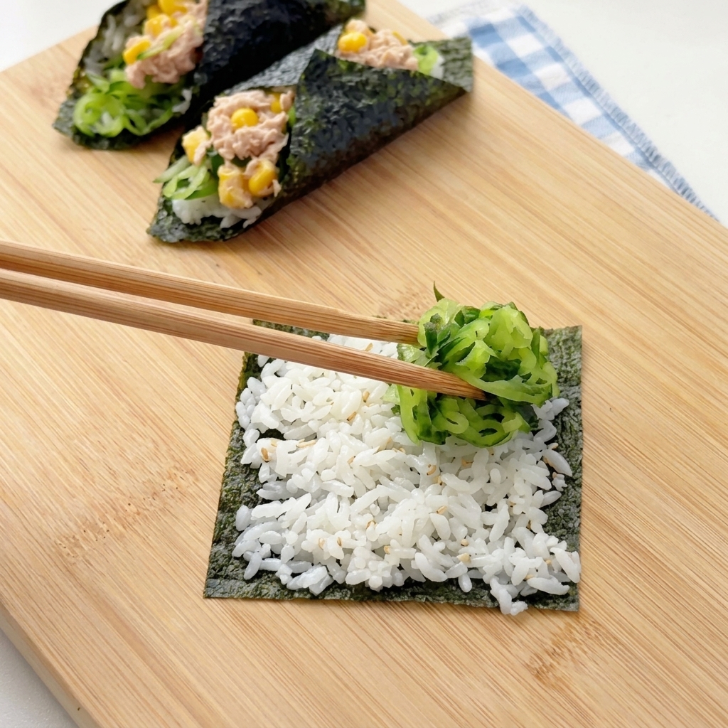 Palillos colocando un grupo de pepino verde rallado sobre la capa de arroz de un cuarto de hoja de nori.