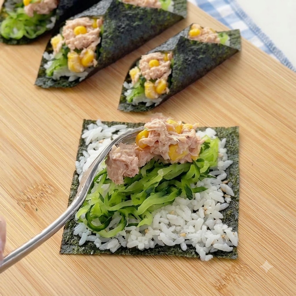 Un tenedor colocando una porción de ensalada mixta de atún y maíz sobre el pepino y el arroz en una hoja de nori.