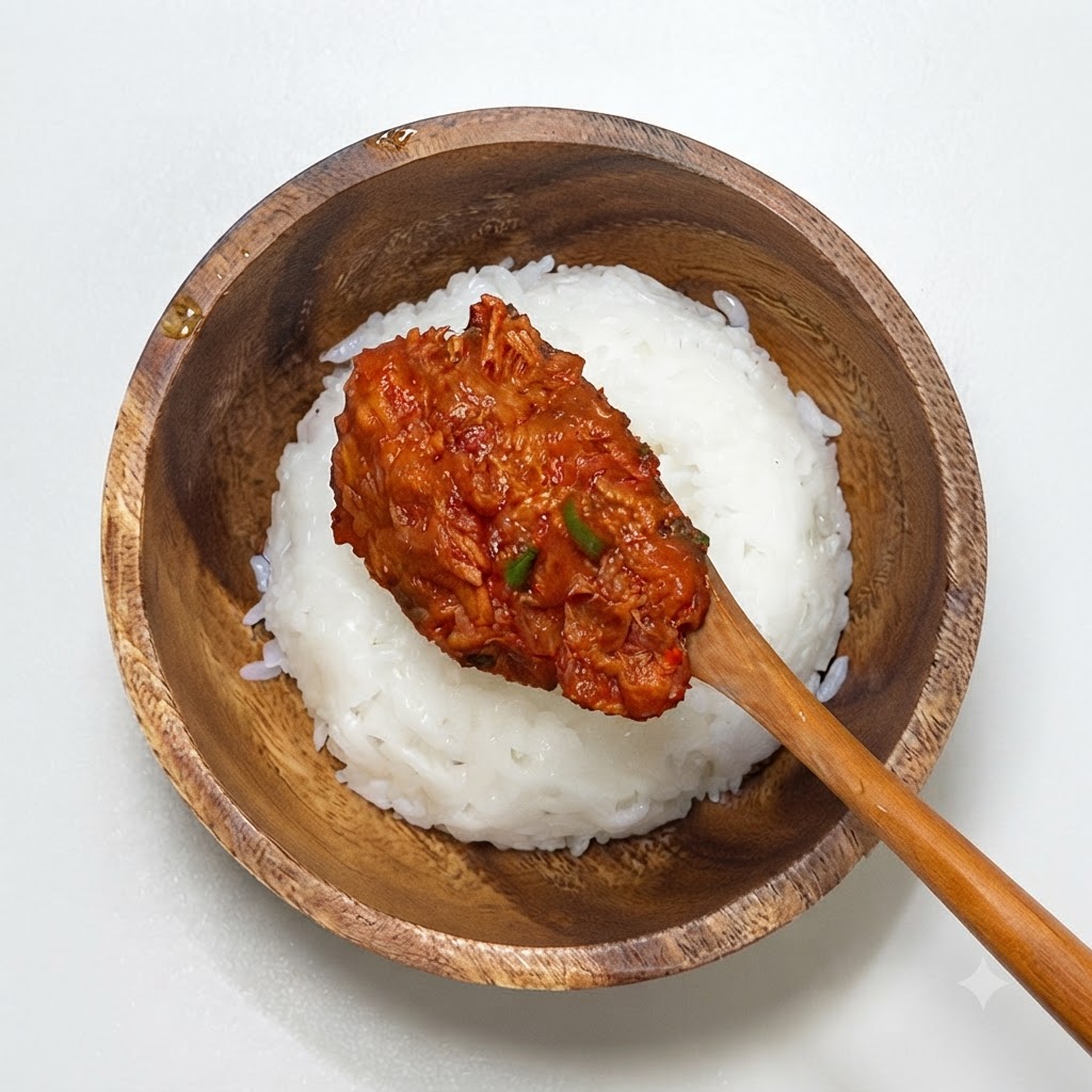 Una cuchara de madera tomando una porción de atún picante cocido sobre arroz blanco dentro de un bol de madera.