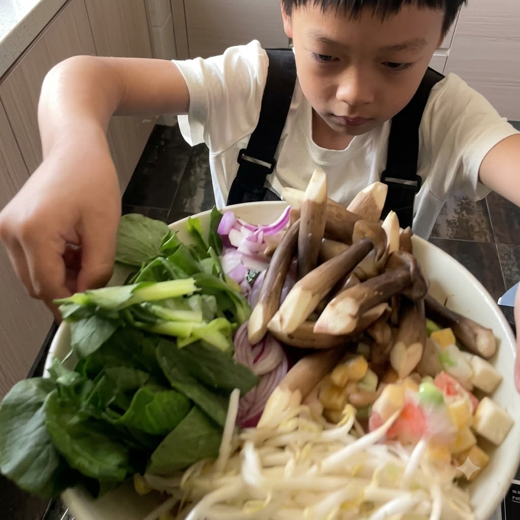 Una variedad de verduras frescas, setas y cebollas cortadas en rodajas dispuestas dentro de un recipiente para cocinar al vapor antes de cocinarlas.