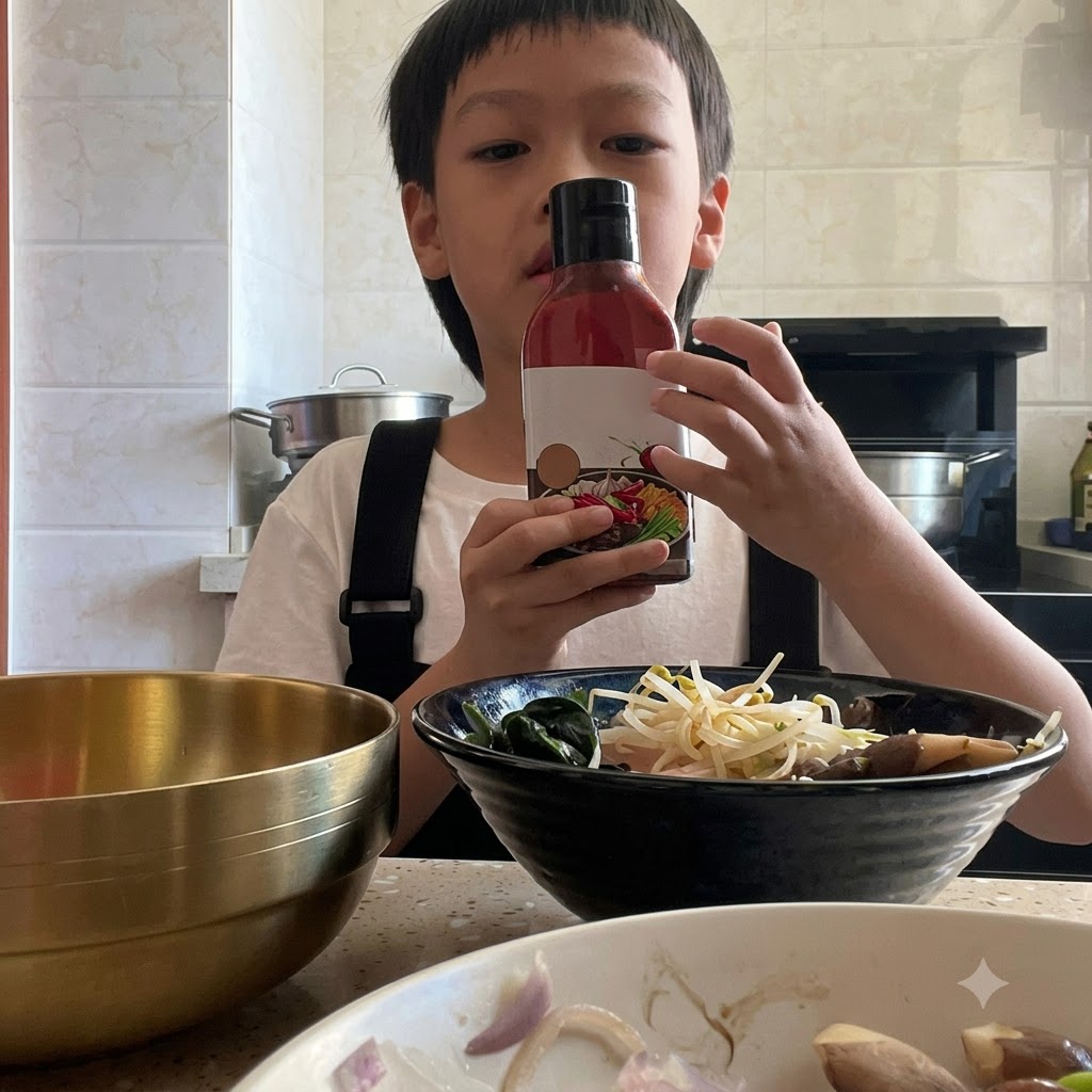 Un par de manos sosteniendo una botella de salsa coreana para bibimbap sobre un bol de ingredientes.