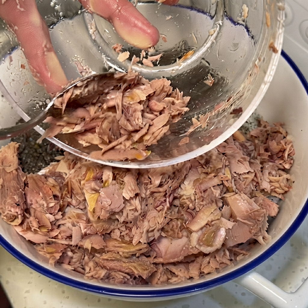 Atún desmenuzado, verduras y col dispuestos sobre arroz sazonado en un tazón grande.