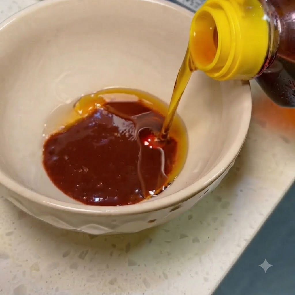 Aceite de sésamo siendo vertido en un tazón pequeño que contiene salsa para bibimbap.