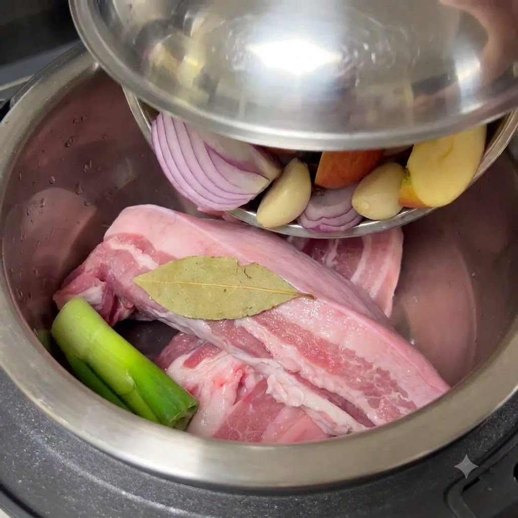 Aromáticos siendo vertidos desde un tazón de metal sobre la panceta de cerdo cruda dentro de la olla arrocera.