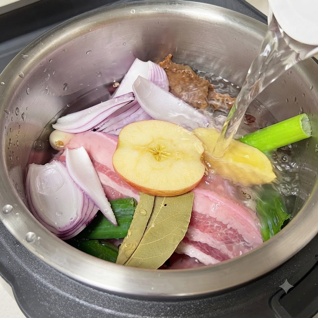 Agua clara siendo vertida en la olla arrocera sobre los ingredientes.