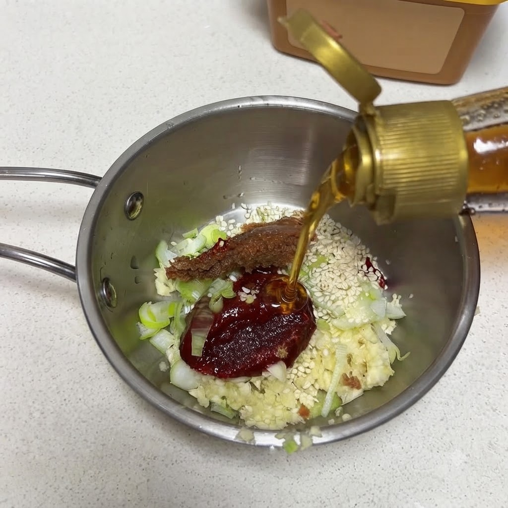 Aceite de sésamo siendo vertido desde una botella hacia los ingredientes de la salsa en una sartén de metal.