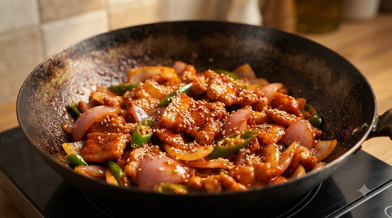 Panceta de cerdo salteada picante y brillante en un wok oscuro adornada con semillas de sésamo tostadas