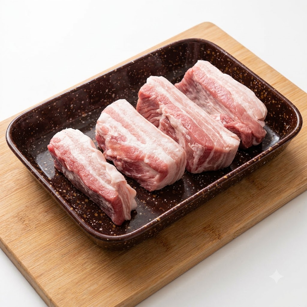 Tiras de panceta de cerdo crudas dispuestas en un plato oscuro mientras se espolvorea condimento desde arriba.