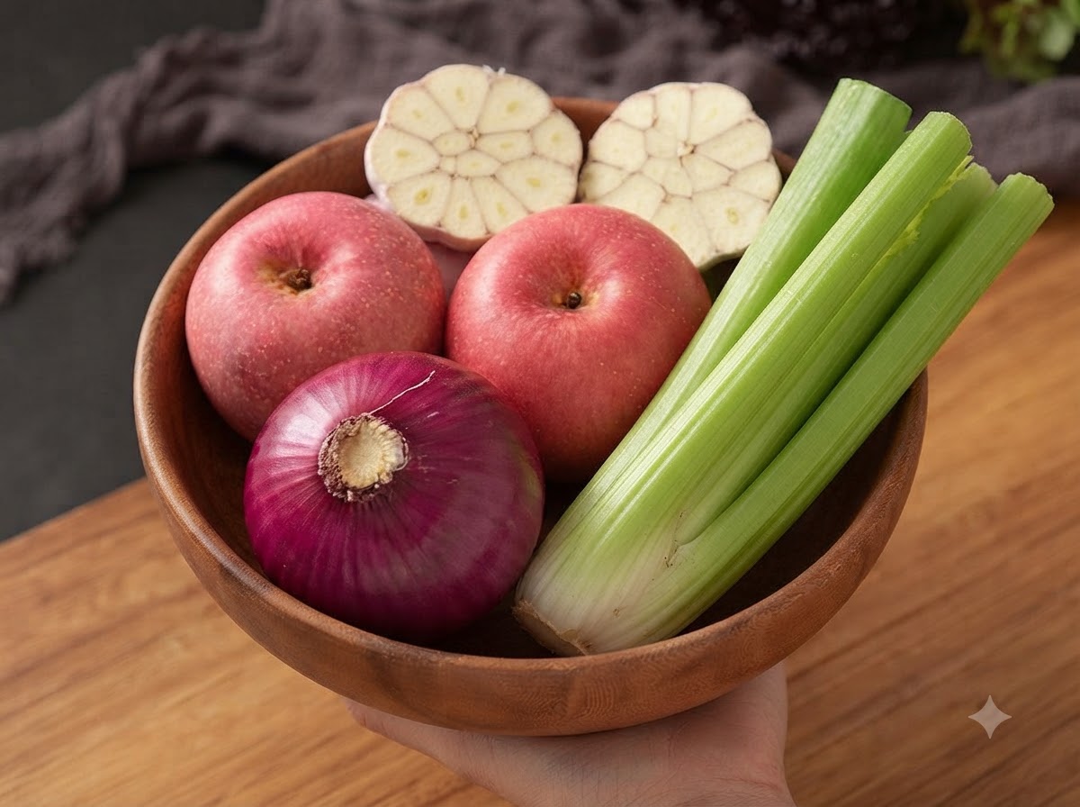 Manzanas rojas cortadas en gajos sobre una tabla de madera junto a ajo y apio.