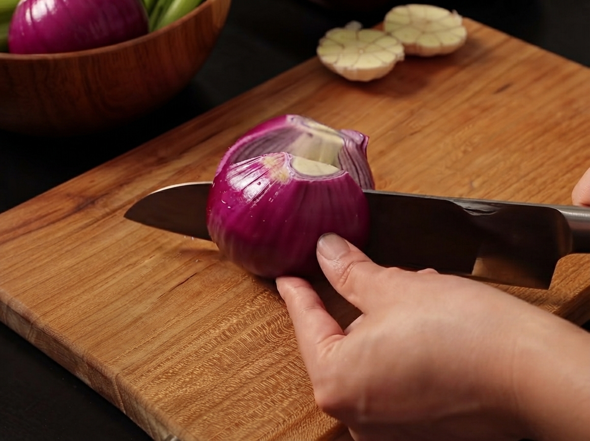 Una cebolla roja cortada en rodajas sobre una tabla de cortar de madera con un cuchillo de chef afilado.