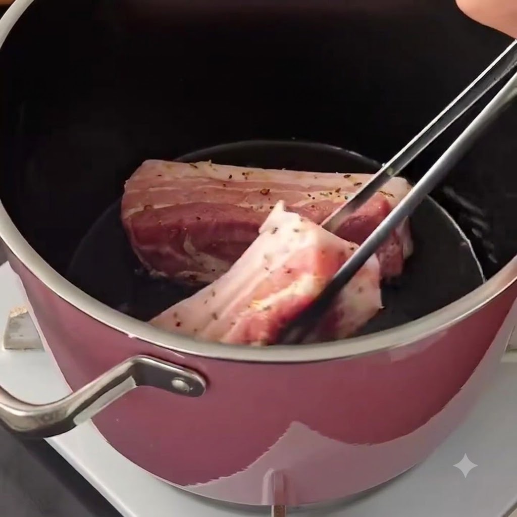 Tiras de panceta de cerdo dorándose dentro de una olla rosa mientras se manipulan con pinzas de metal.