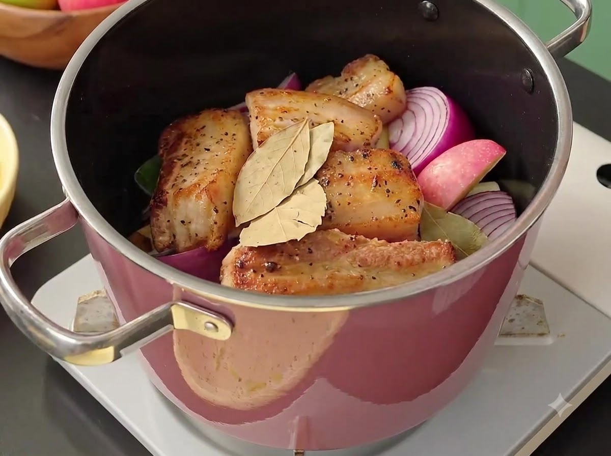Jengibre, ajo, hojas de laurel y condimentos añadidos en la olla de cocción sobre la carne y las verduras.