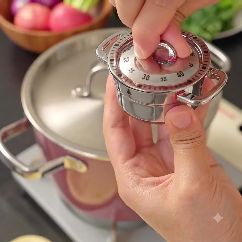 Manos ajustando un temporizador de cocina mecánico a la marca de 40 minutos.